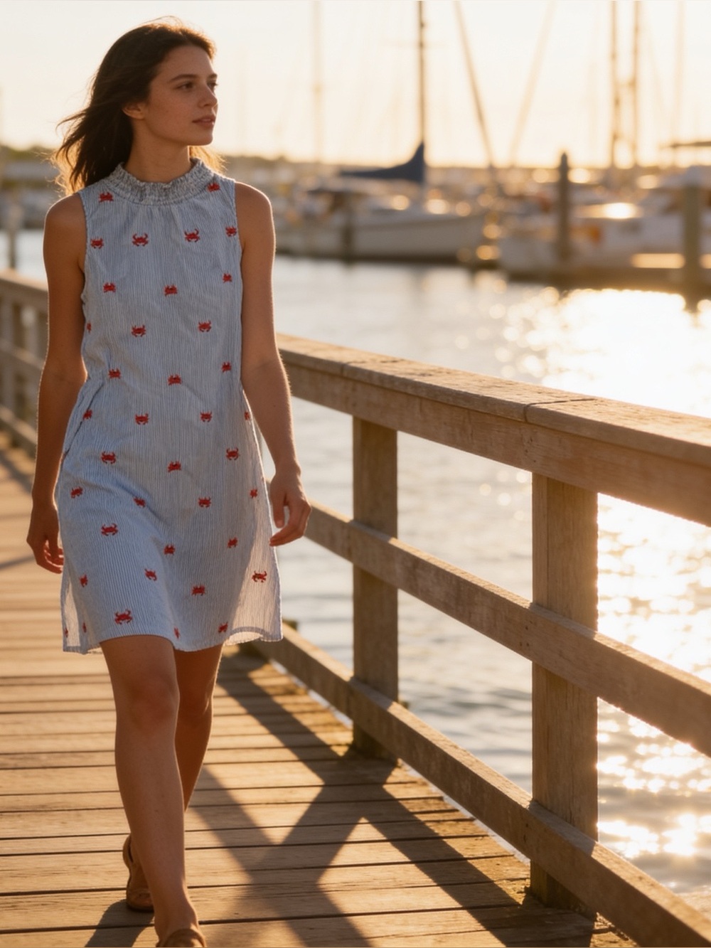 Crown & Ivy | Women’s Sleeveless Blue Stripe Sundress w/ Red Crab Embroidery | L